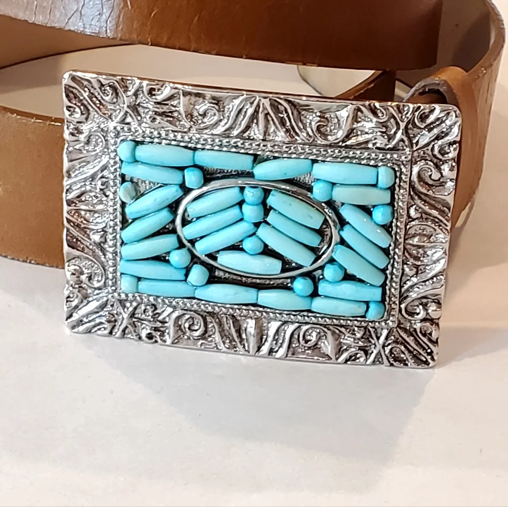 Streets Ahead Western Turquise Bead Ornate Silver Buckle Brown Leather Belt Lg
